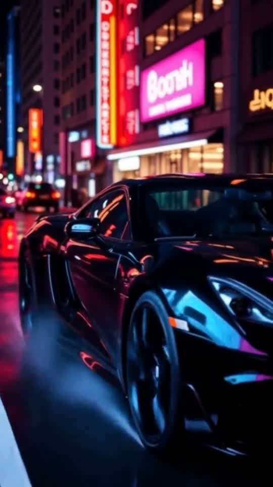 A car under violet and pink city lights