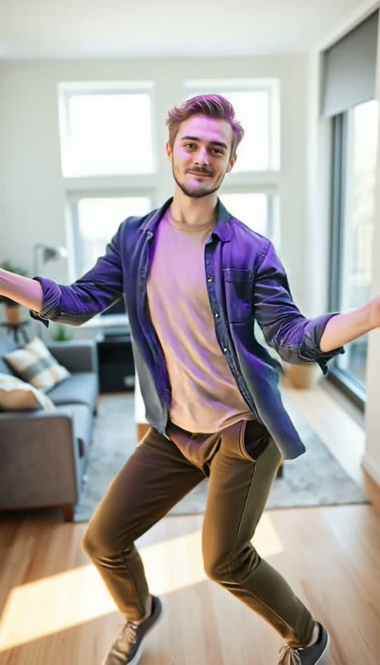 An adult dancing in a bright room
