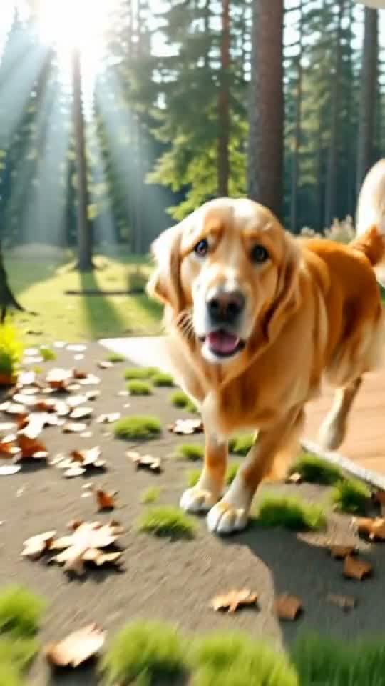 A golden dog exploring a sunlit forest